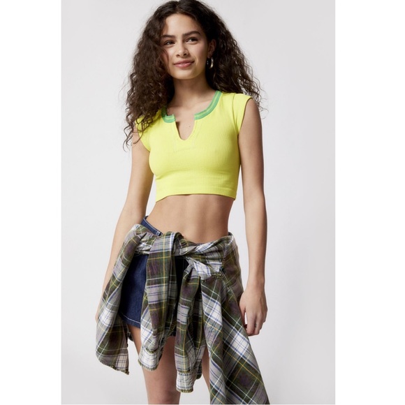 Urban Outfitters Out From Under Go For Gold Neon Yellow Green Cropped Top Tee - Picture 2 of 8